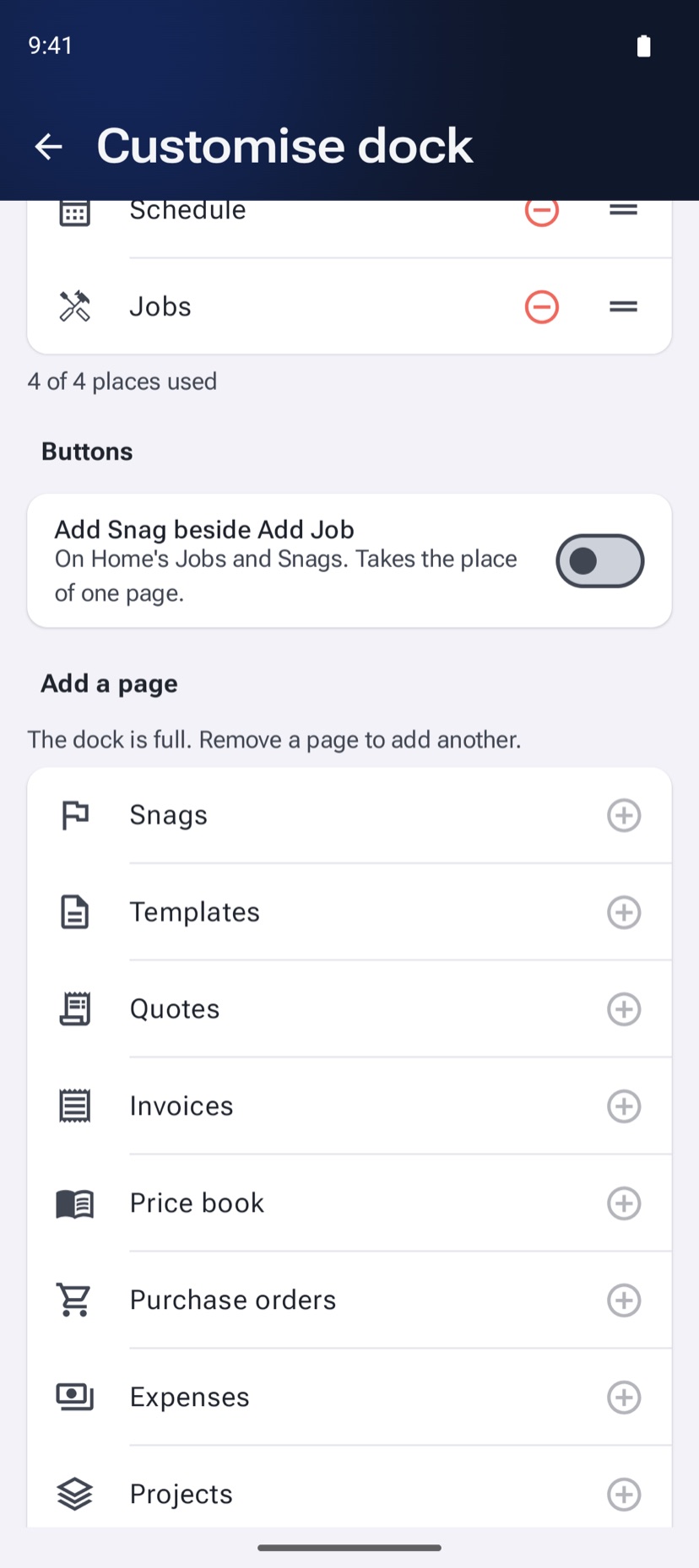ANDROID. The Customise dock screen scrolled to Add a page, listing the pages that can be added