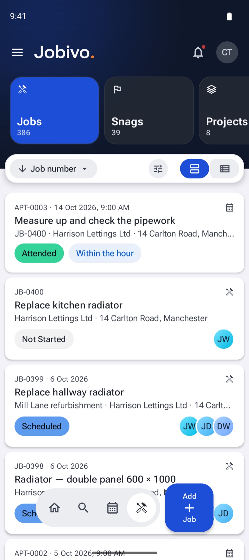 ANDROID. Home on the Jobs list with the dock at the bottom