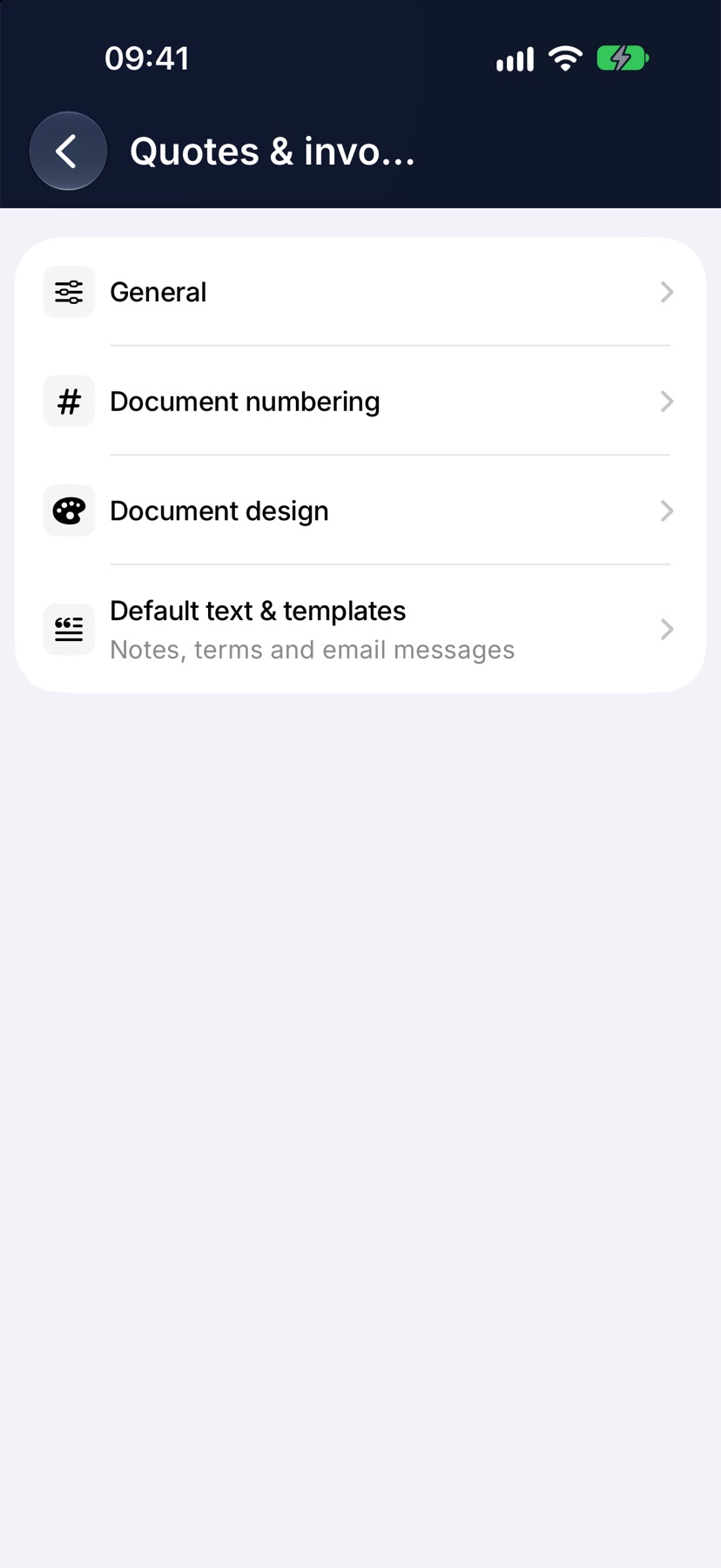 The Quotes & invoices settings page with its four rows: General, Document numbering, Document design, and Default text & templates