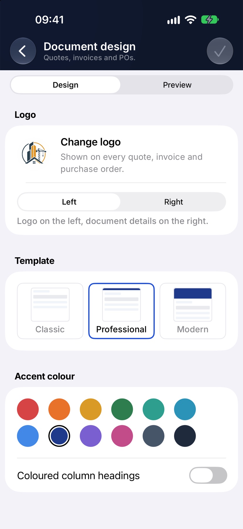 The Document design screen on the Design tab, with a company logo set, the logo position, the three templates and the accent colour