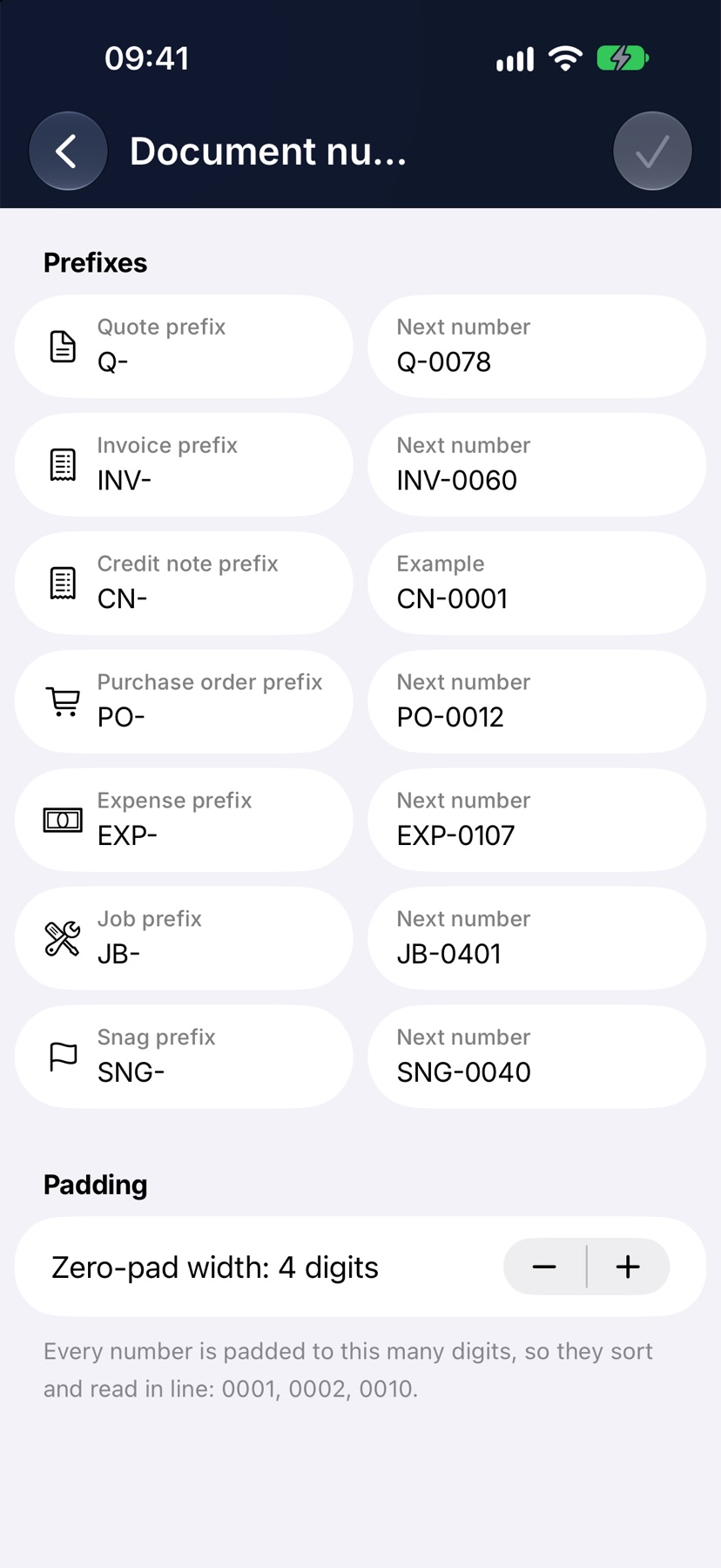 The Document numbering screen showing the Quote prefix, Invoice prefix, Credit note prefix and Purchase order prefix with their Next number fields