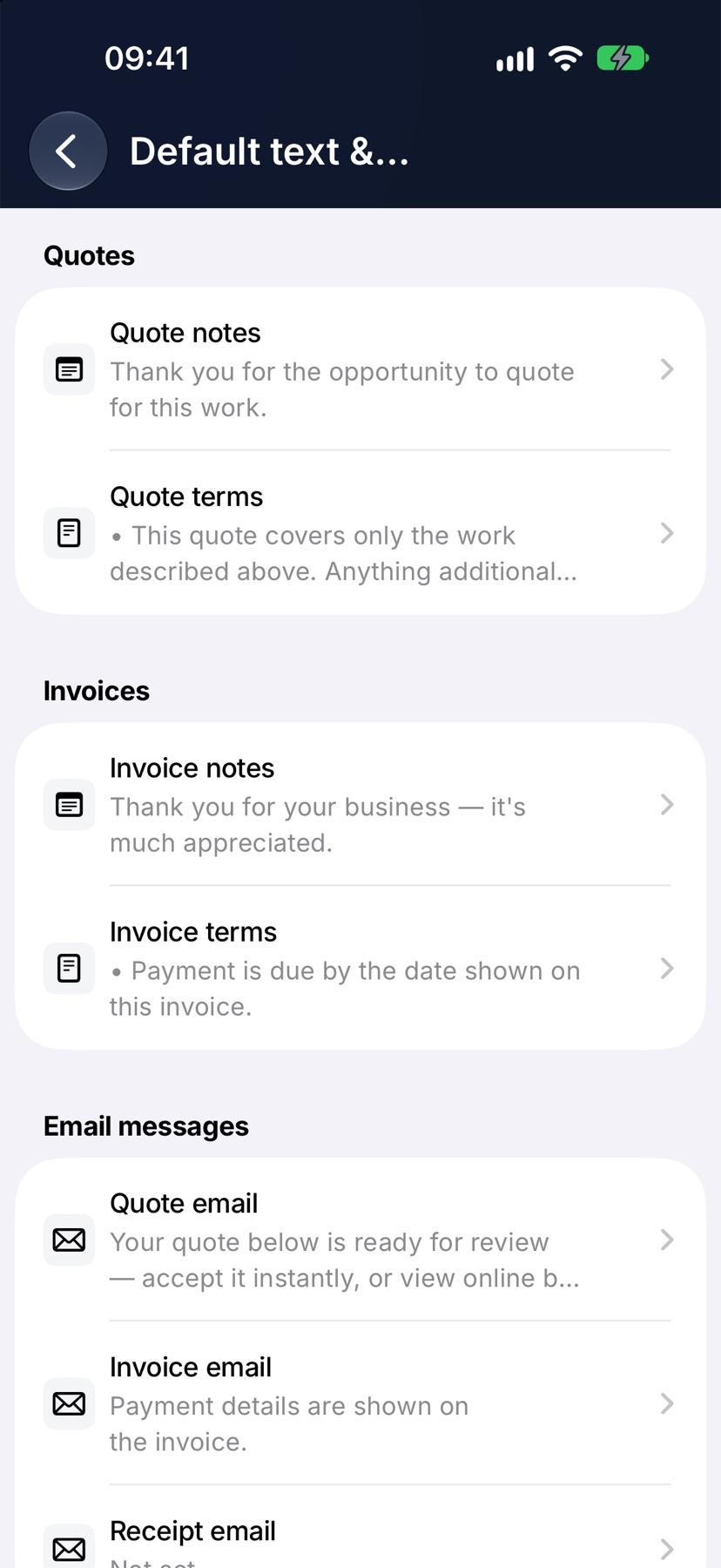 The Default text & templates screen with its Quotes, Invoices and Email messages sections