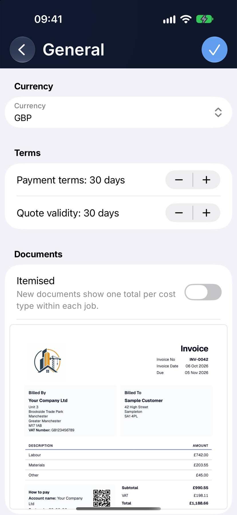 The General screen showing Currency, the Payment terms and Quote validity steppers, and the Itemised switch with the sample document under it
