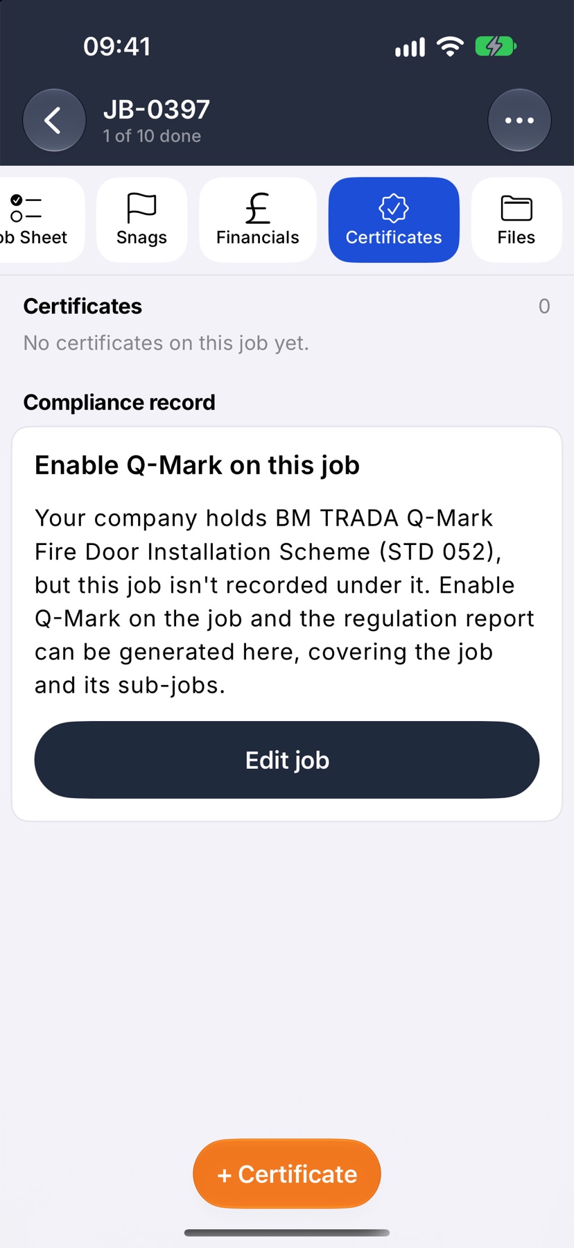 The Certificates tab of job Replace hallway radiator with no certificates yet and the + Certificate button in the bottom bar