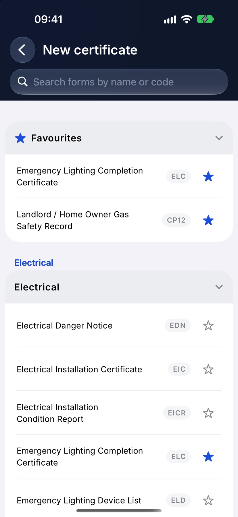 The New certificate screen with a Favourites group holding the Gas Safety Record, then the Electrical group open with its forms and codes