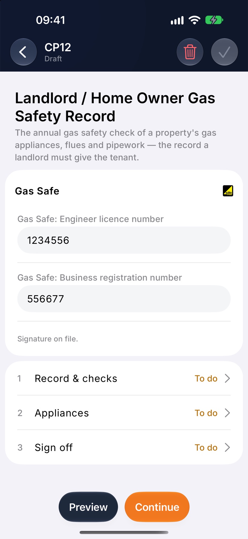 A new CP12 draft on its overview: the Gas Safe box with a licence number and Signature on file, then the three numbered sections each marked To do