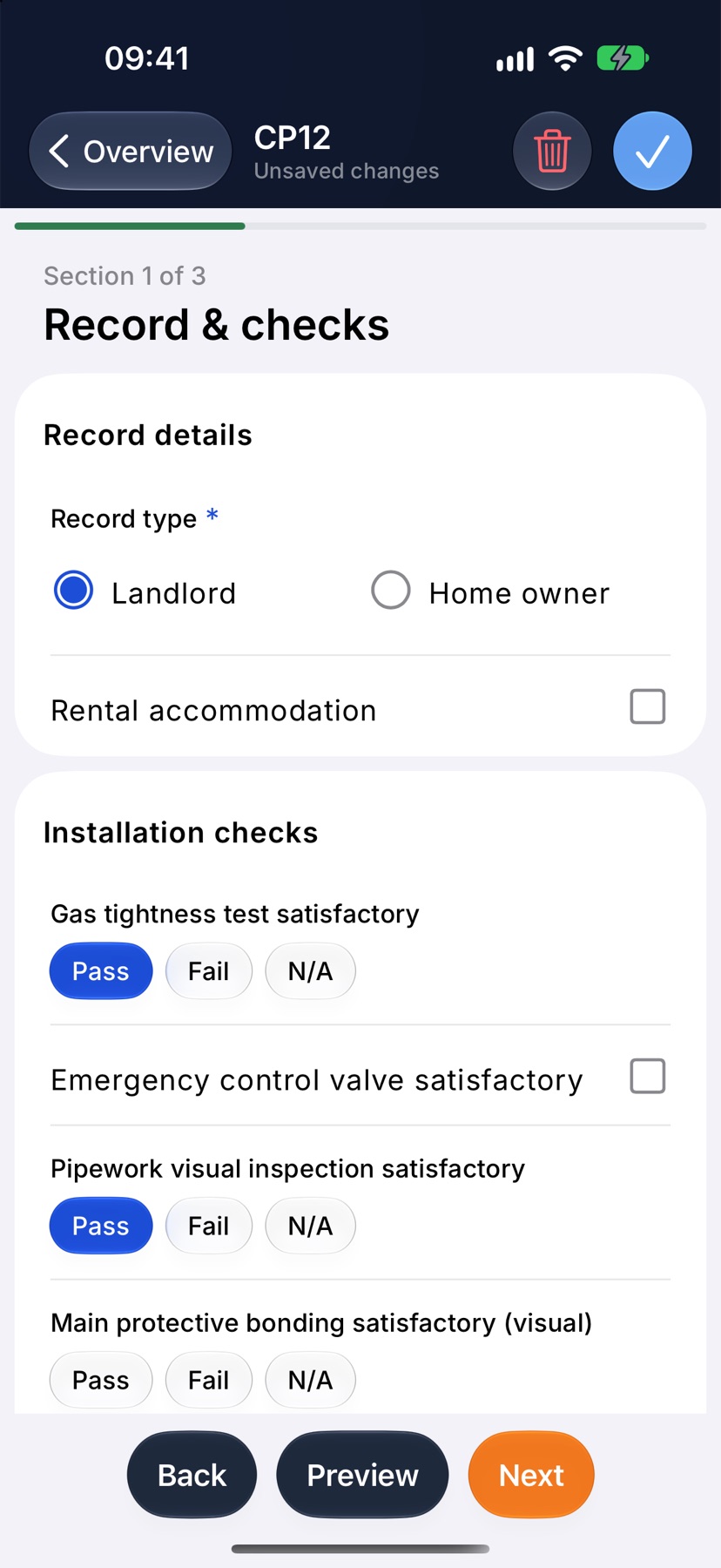 A section of the CP12 form part filled in, with Back, Preview and Next in the bottom bar