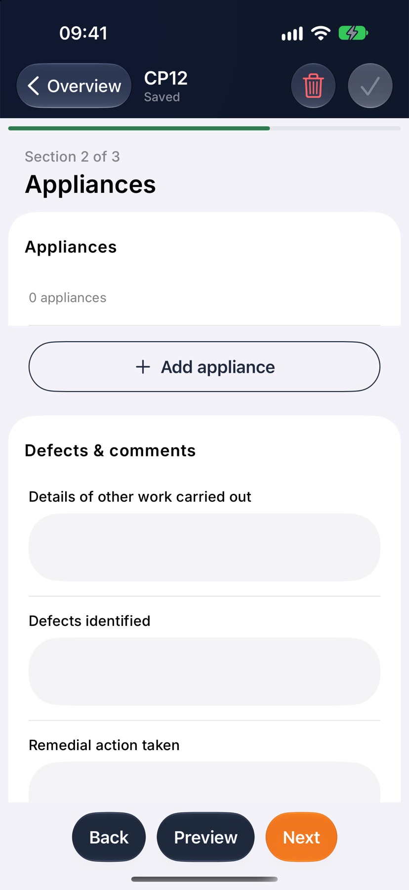 The Appliances section of a CP12 before any appliance is added, with the Add appliance button
