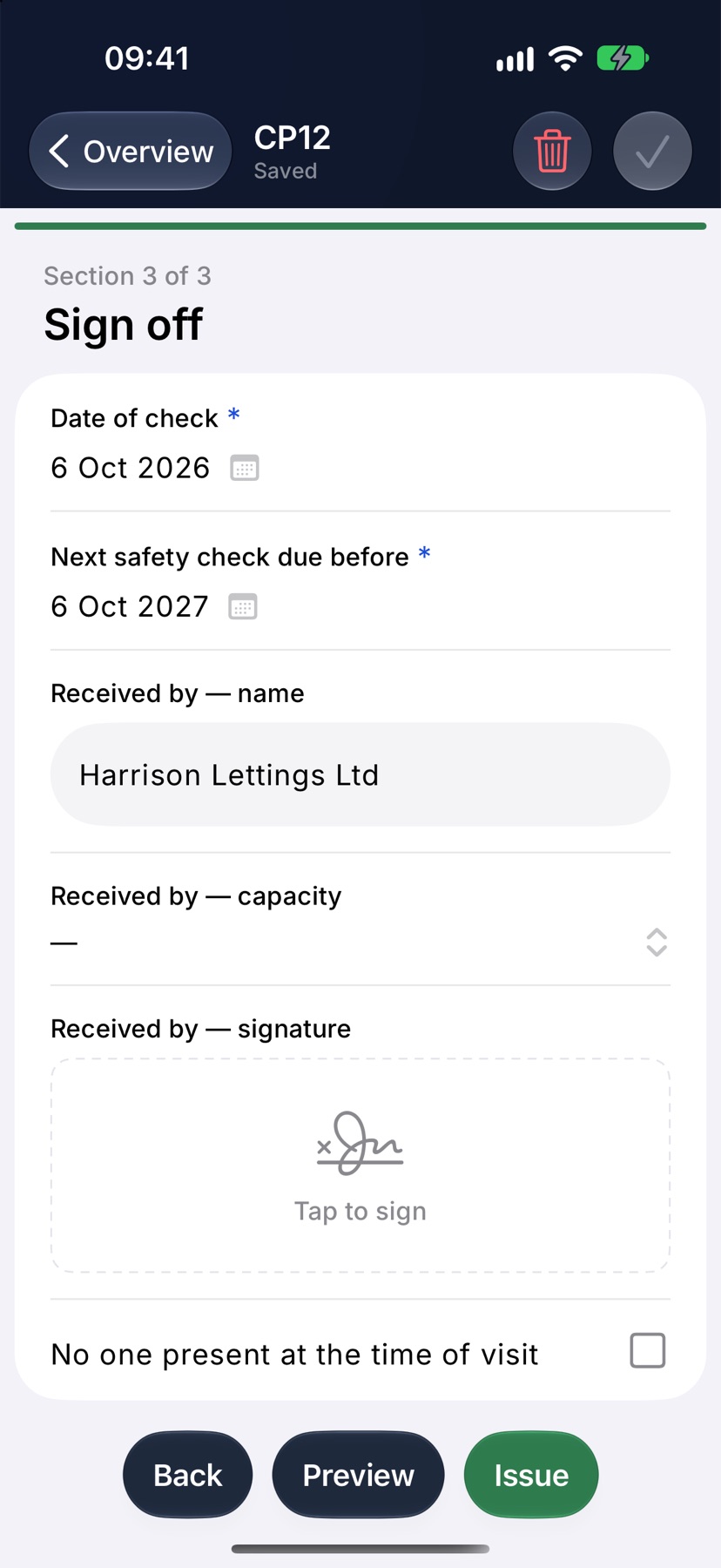 The last section of the CP12 form filled in, with Back, Preview and a green Issue button in the bottom bar