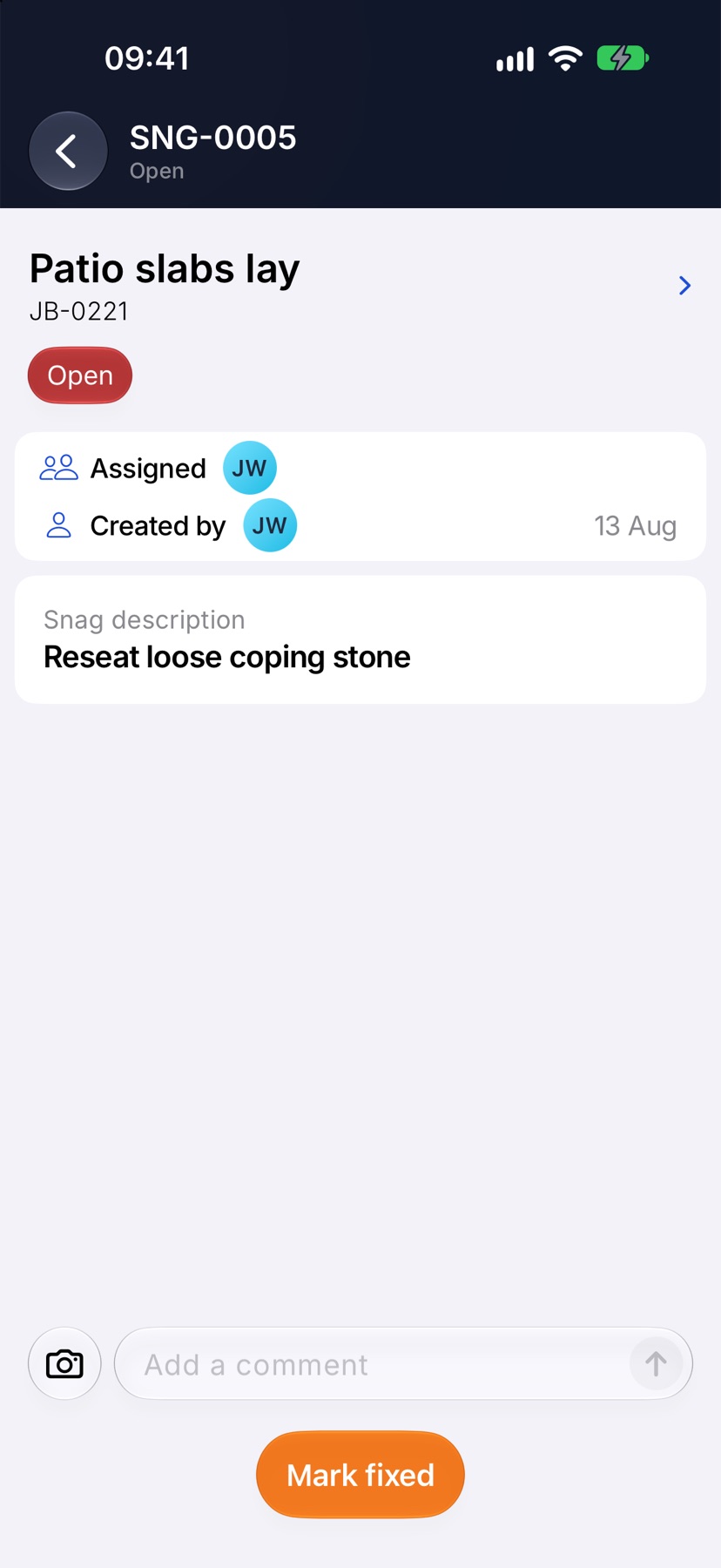 A snag page with status Open and the Mark fixed button in the bottom bar