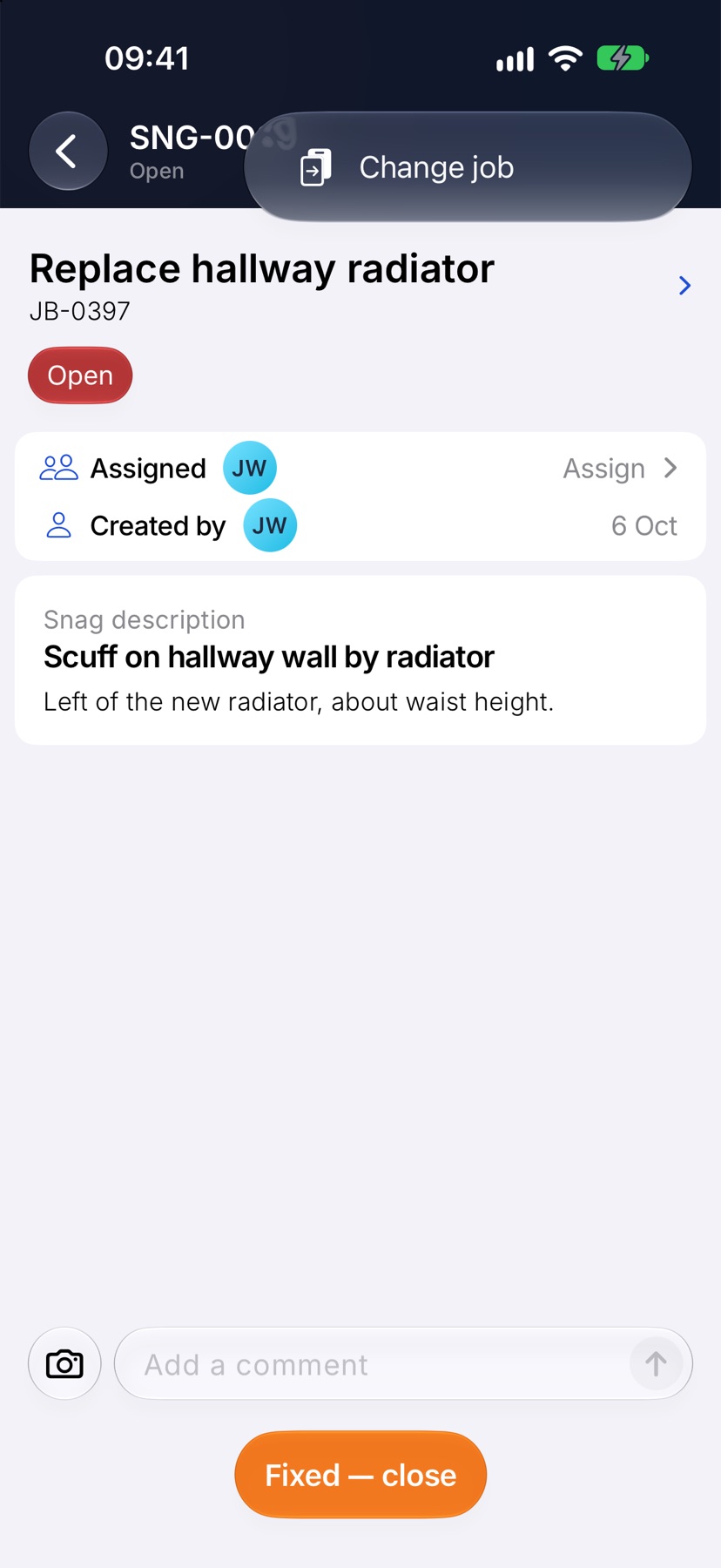 A snag page with the three-dot menu open showing Change job