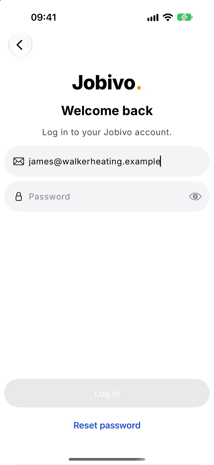 The Welcome back screen with a sample email typed in and the Password field below