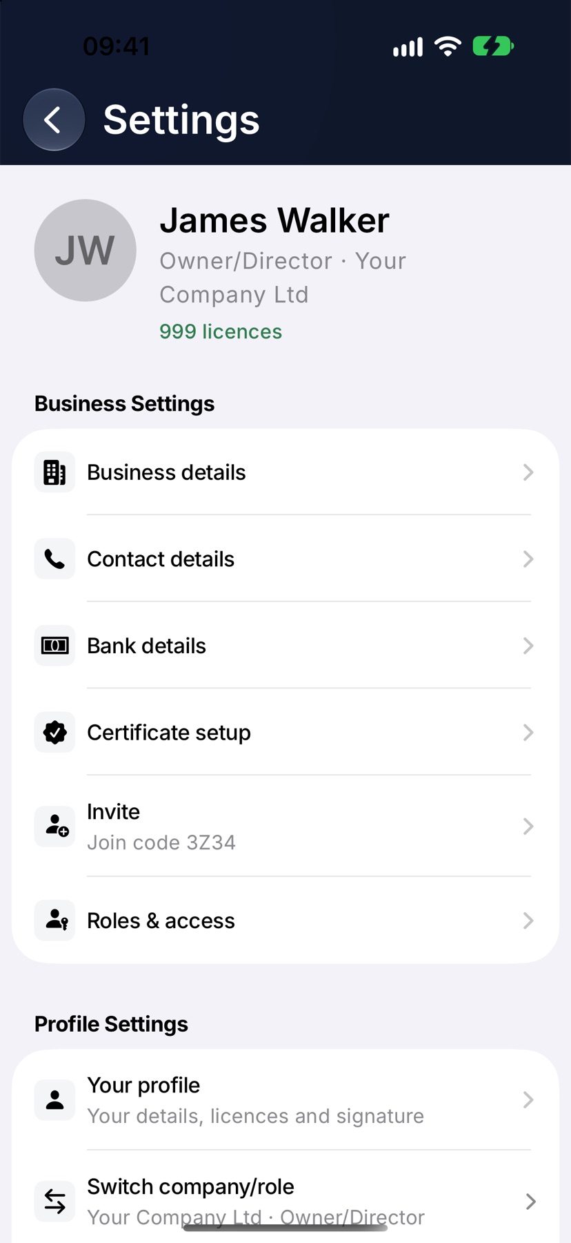Settings showing Profile Settings with the Switch company/role row