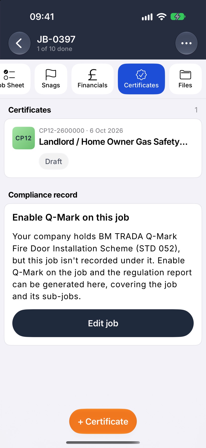 A job's Certificates tab for Replace hallway radiator at Harrison Lettings Ltd, listing a draft Gas Safety Record with its code, number and state