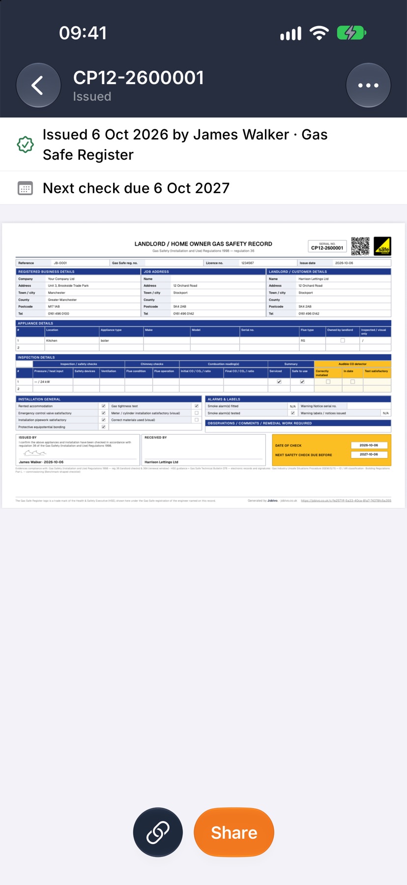 An issued certificate open as its PDF, with the certificate number as the title, Issued beneath it, and a line reading Issued with a date and the engineer's name