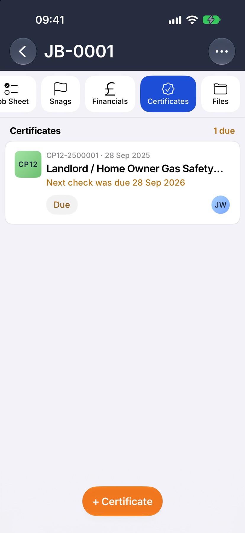 A job's Certificates tab where last year's gas safety record shows Due in amber with a line reading Next check was due and a date, and the heading reads 1 due