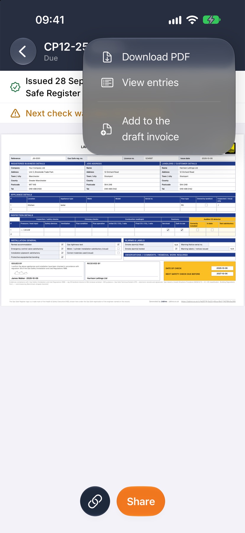 A certificate with the three dots menu open, showing Download PDF, View entries and Add to the draft invoice