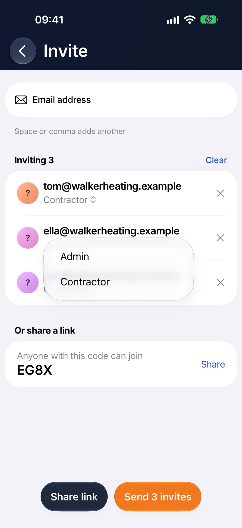 The Invite screen with the role menu open on one row, listing the company's roles