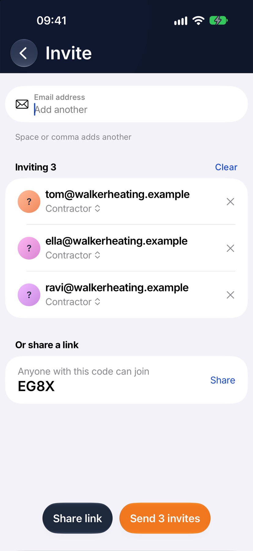 The Invite screen with three addresses queued, before sending