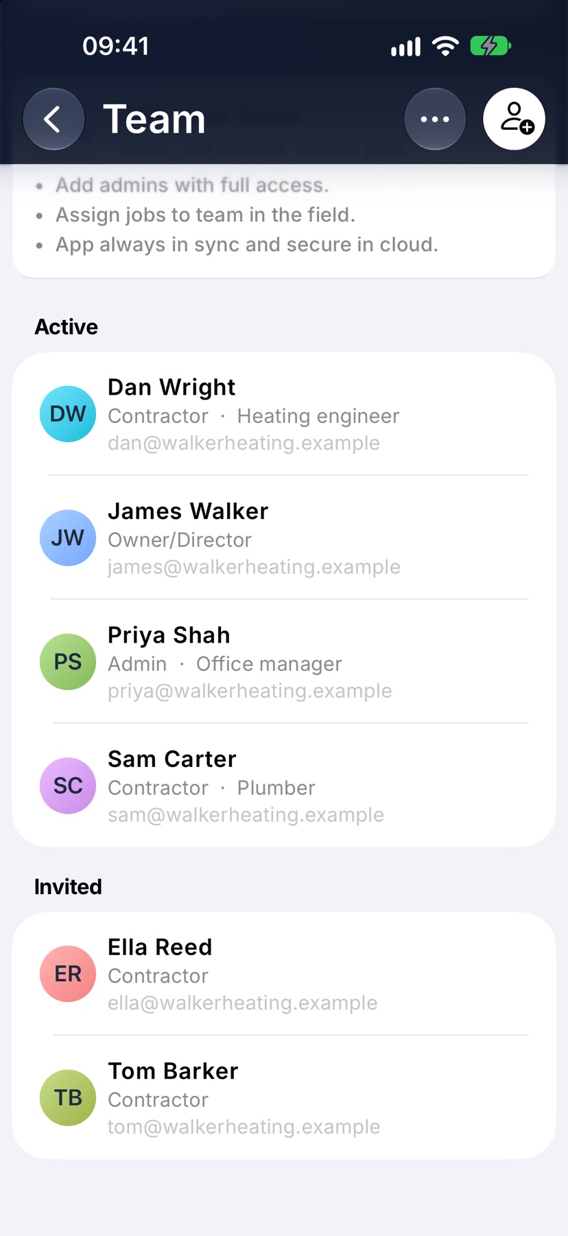 The Team page with an Invited group holding two people below the Active group