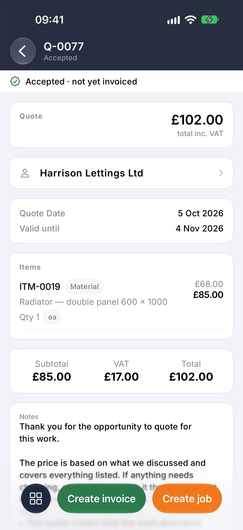 An accepted quote with Create invoice and Create job at the bottom