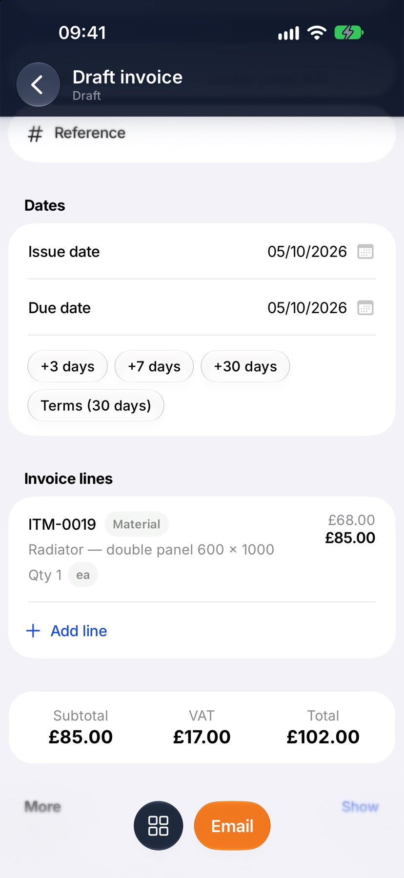 The draft invoice with the quote's line, its totals and the Email button