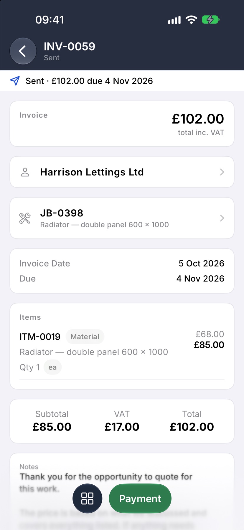 The sent invoice with its number, the amount due and the due date