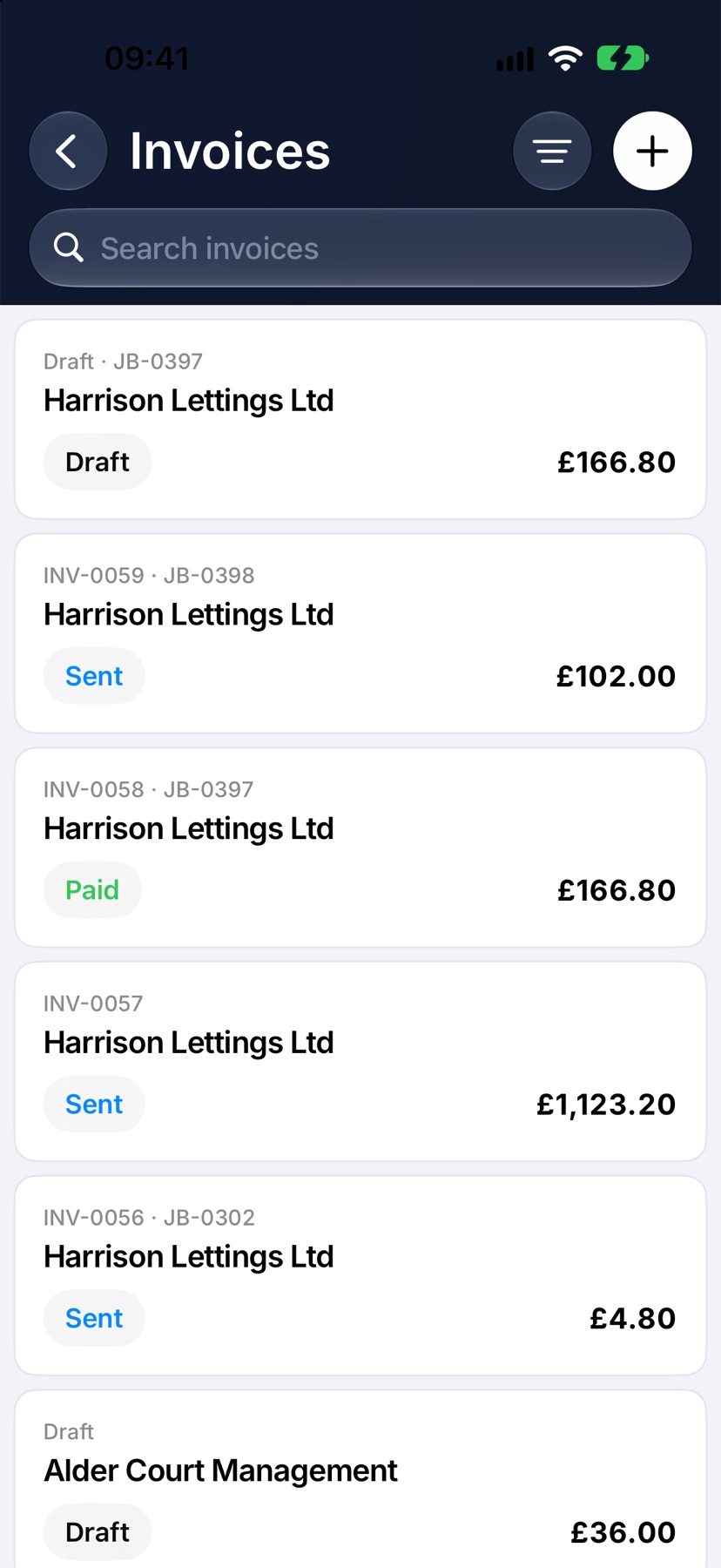 The Invoices list with several invoice cards in different statuses, including several for Harrison Lettings Ltd