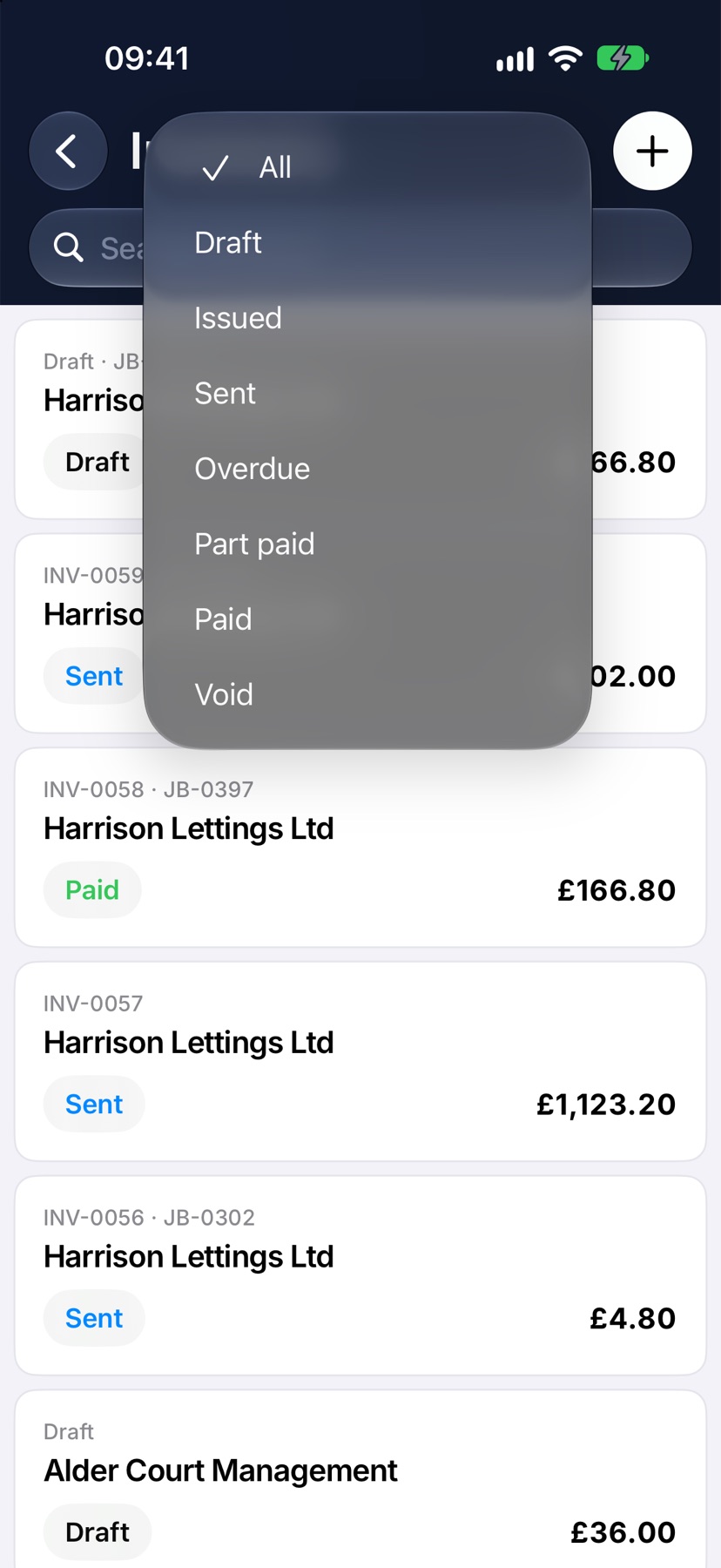 The filter menu open on the Invoices list, showing All, Draft, Issued, Sent, Overdue, Part paid, Paid and Void