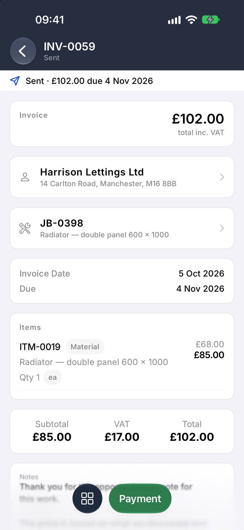 A sent invoice with the square menu button and the green Payment button at the bottom