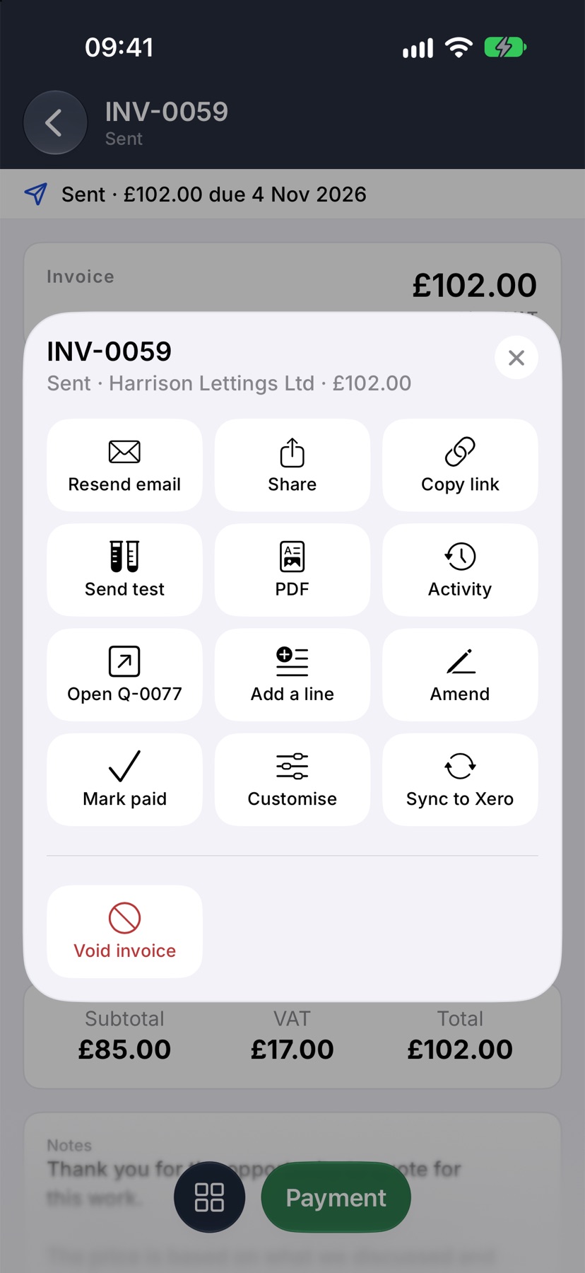 The menu opened from the square button on a sent, unpaid invoice, showing the tiles Resend email, Share, Copy link, Send test, PDF, Activity, Add a line, Amend, Mark paid and Customise among them, with Void invoice in red set apart