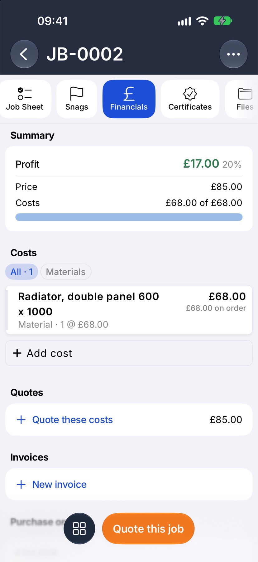 The Financials tab after a purchase order for the radiator has been sent: the radiator line shows its planned cost with £68.00 on order beneath it