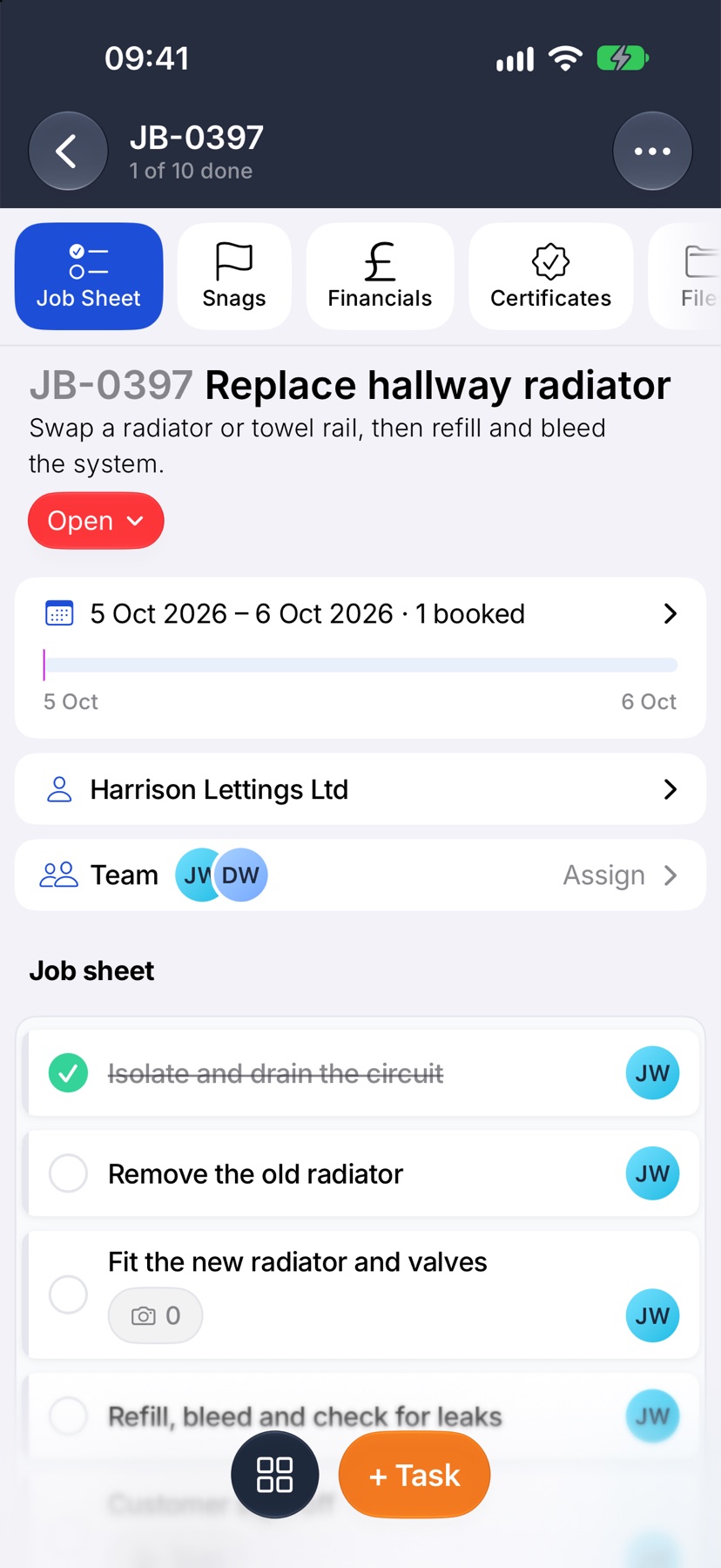 A job page whose status capsule reads Open in red, with one open snag showing on a task card