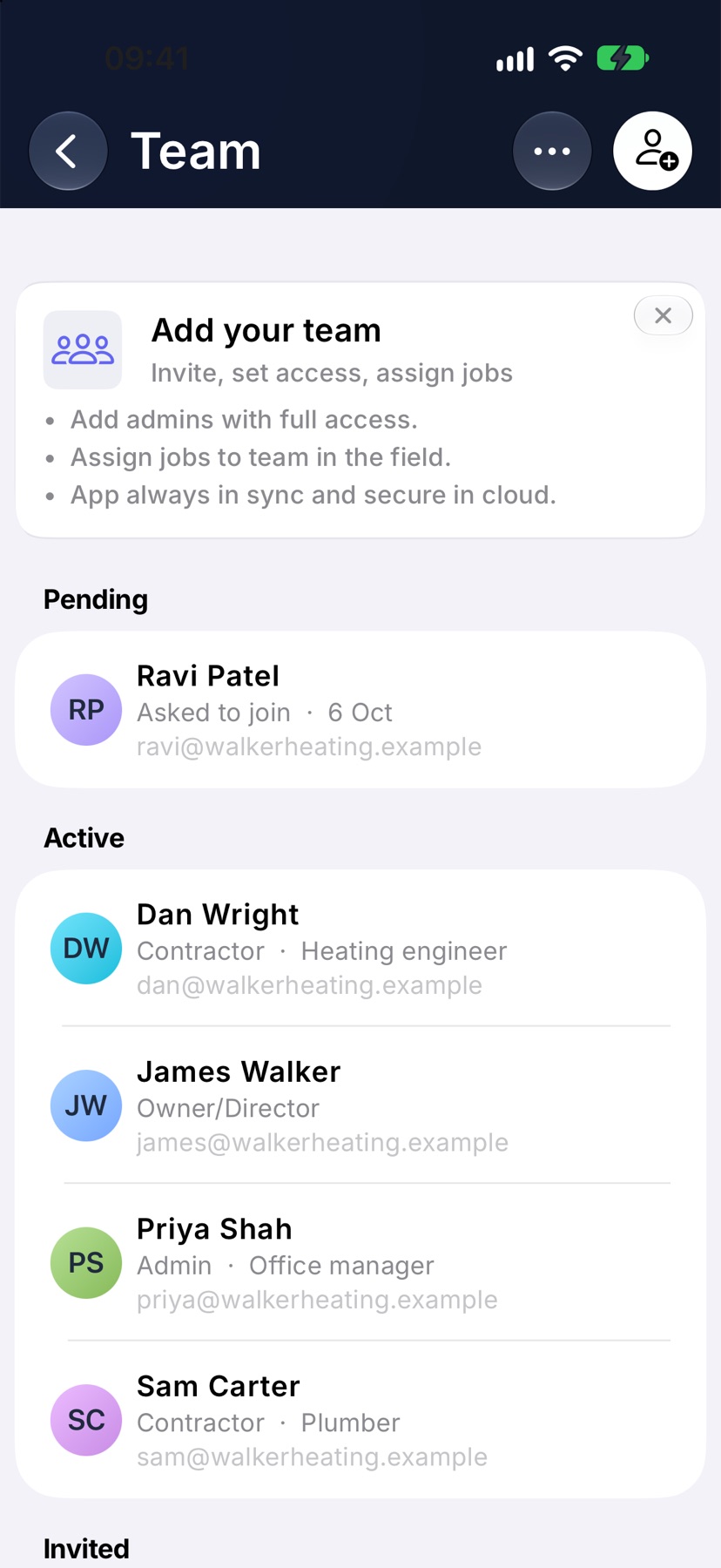 The Team page with a Pending group above Active, holding Ravi Patel with the line Asked to join and his email
