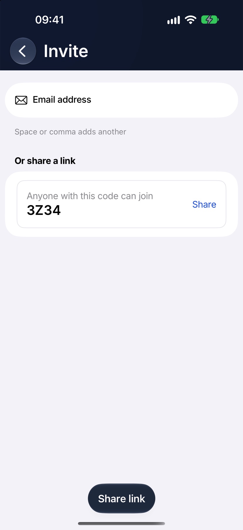 The Invite screen with the join code card under Or share a link