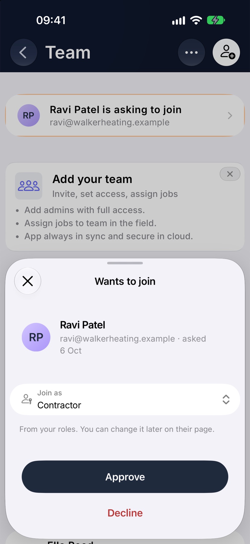 The Wants to join sheet for Ravi Patel, with Join as set to Contractor