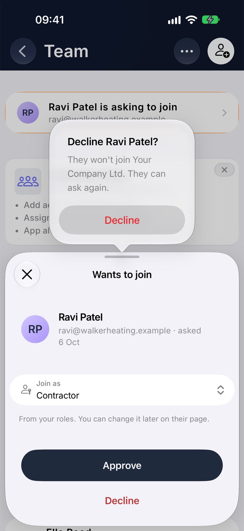 The Wants to join sheet with the decline confirmation asking Decline Ravi Patel? above a Decline button