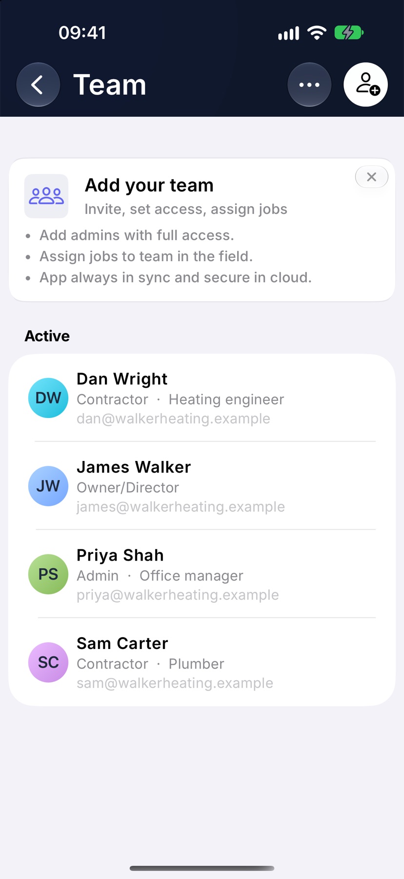 The Team page with four people listed under Active