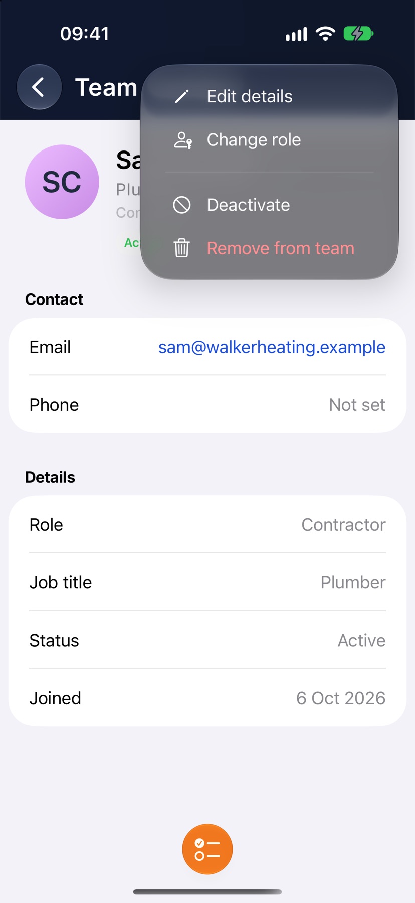 A Team member page with the three-dot menu open, showing Edit details, Change role, Deactivate and Remove from team