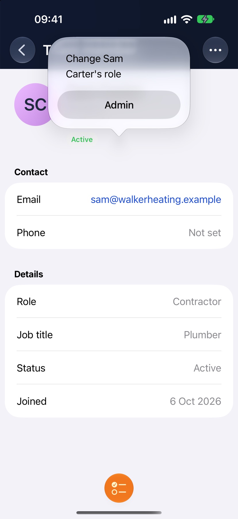 A Team member page with the Change role list open, showing the company's other role