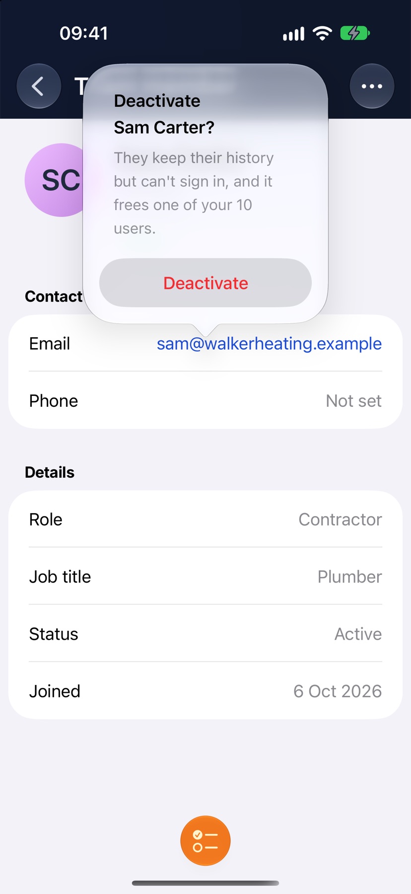 A Team member page with the Deactivate confirmation showing the message about history and sign-in, with the Deactivate button