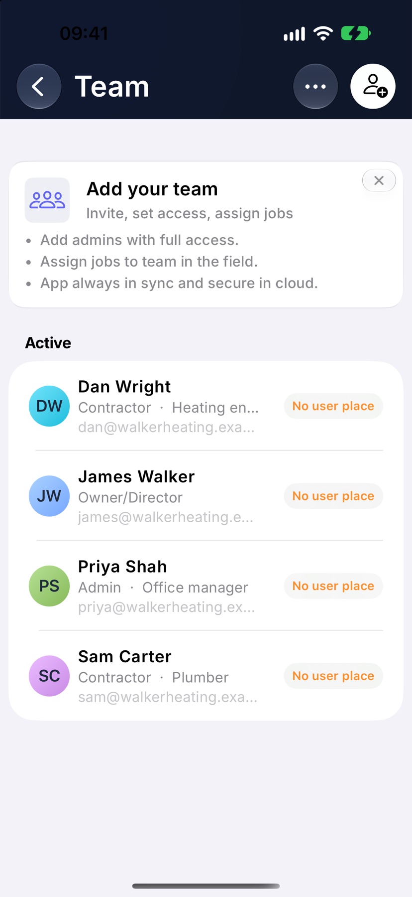 The Team page with members marked No user place