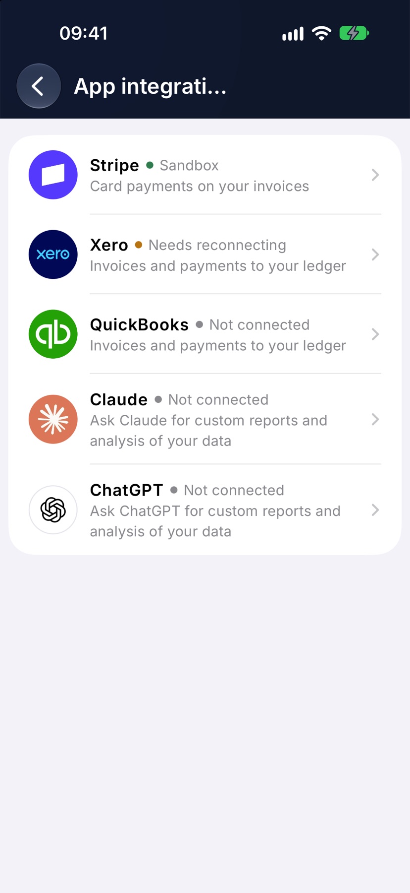 The App integrations screen listing Stripe, Xero, QuickBooks and the other integrations