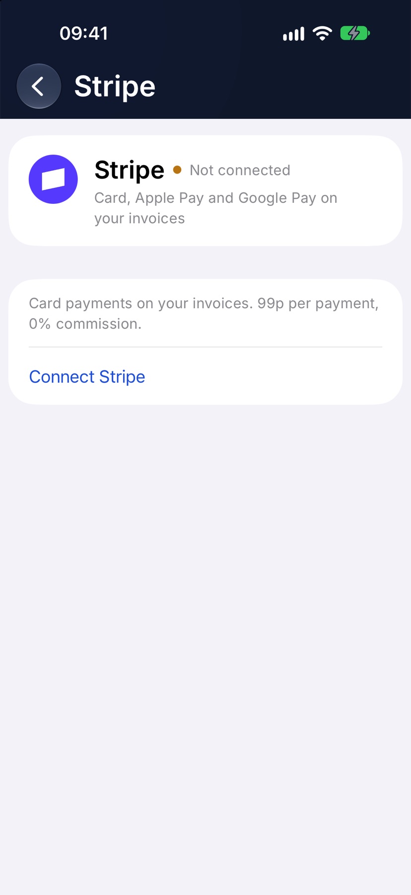 The Stripe screen before connecting, with the status 'Not connected'