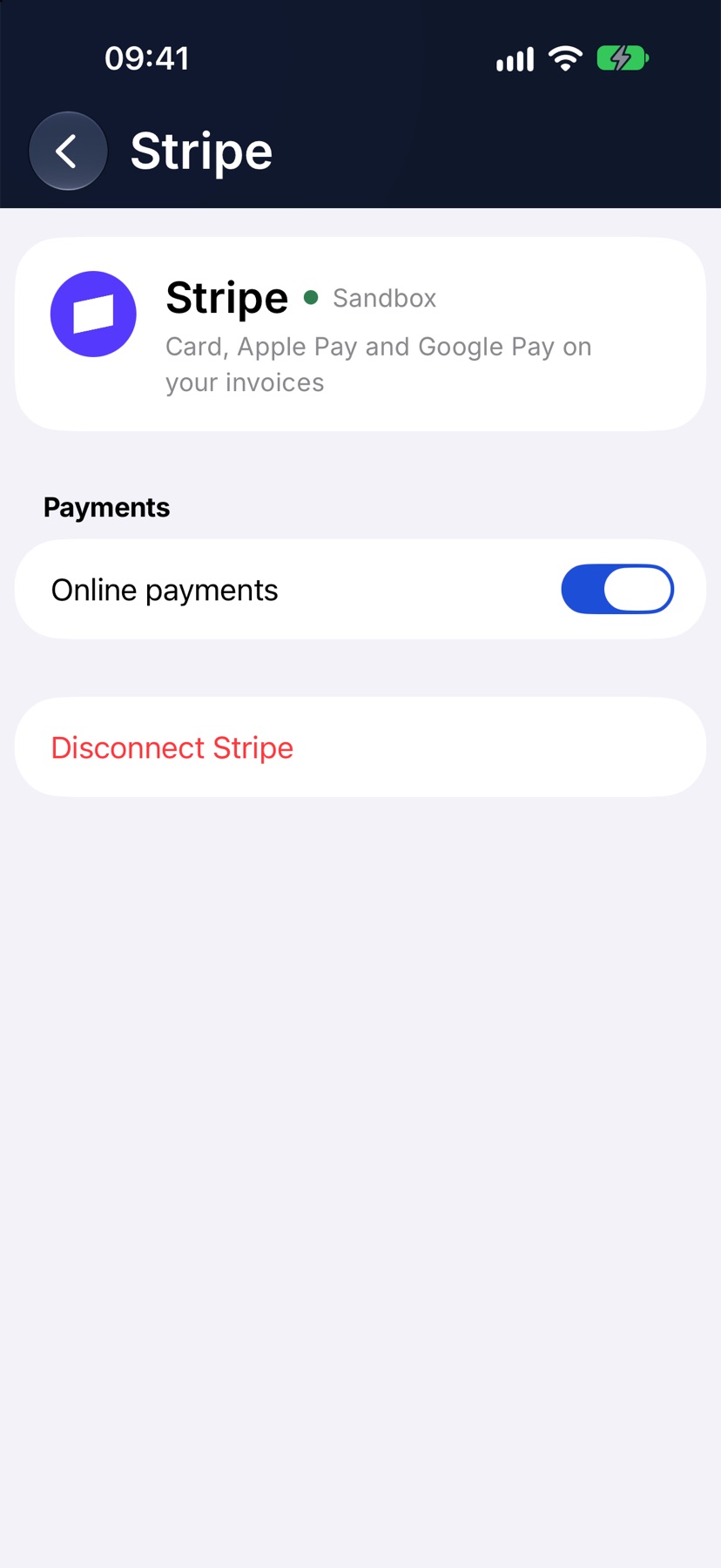The Stripe screen once connected, with the Payments section