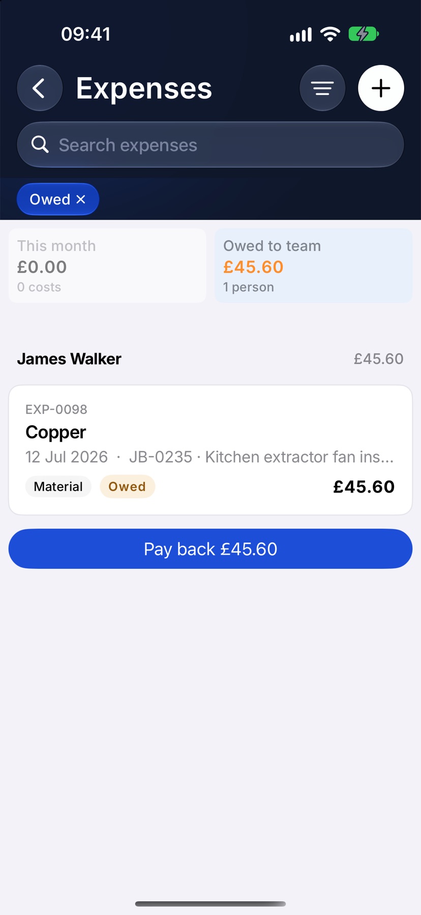 The Expenses list filtered to Owed, grouped under James Walker with a total and one receipt card, then a Pay back button with the same amount