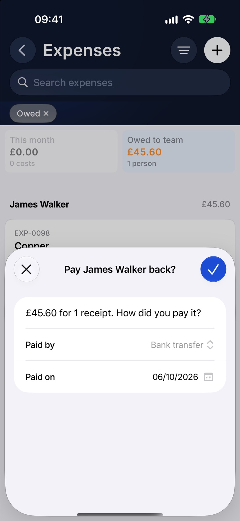 The pay back sheet titled Pay James Walker back?, showing the total and number of receipts, Paid by set to Bank transfer and Paid on set to today