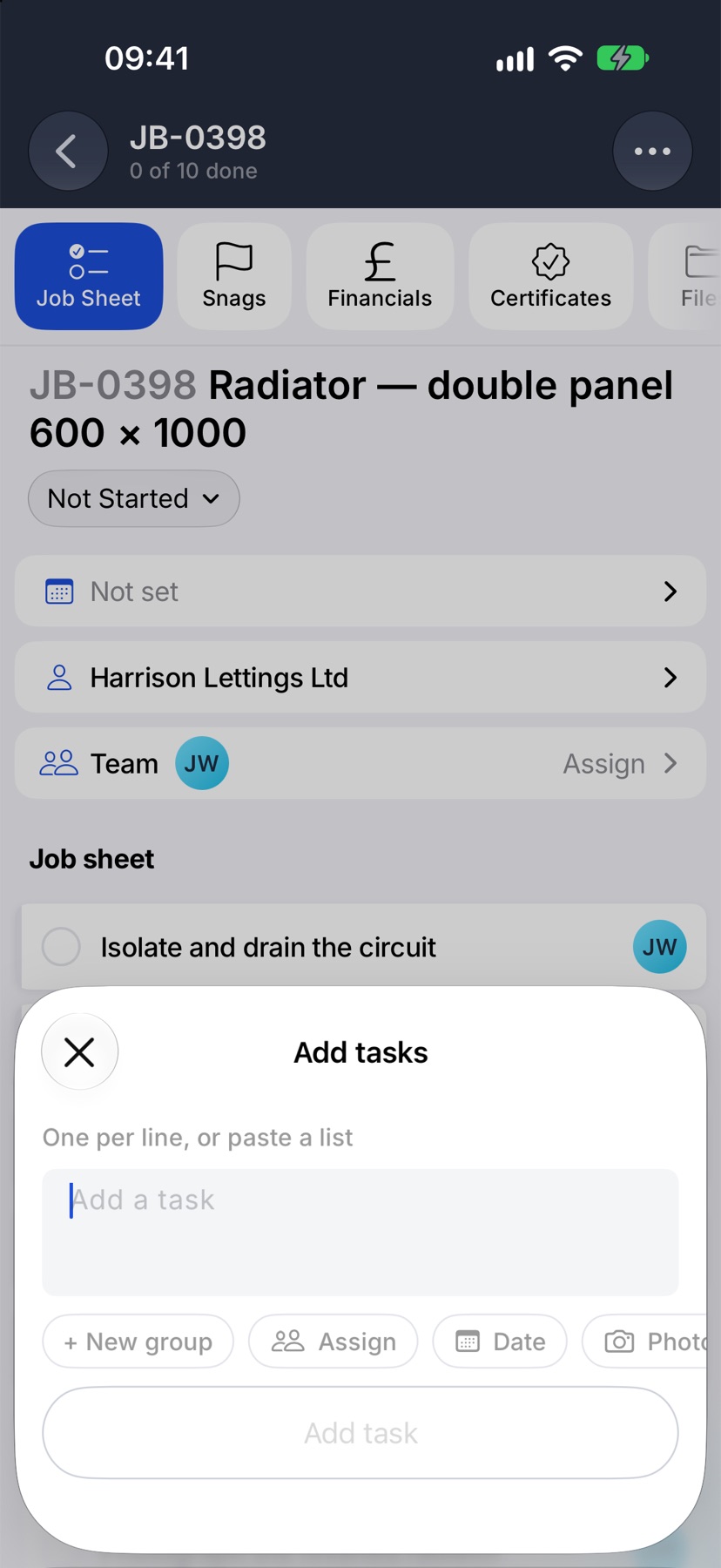 The Add tasks sheet open on a job with no groups yet, showing the row of buttons under the text box