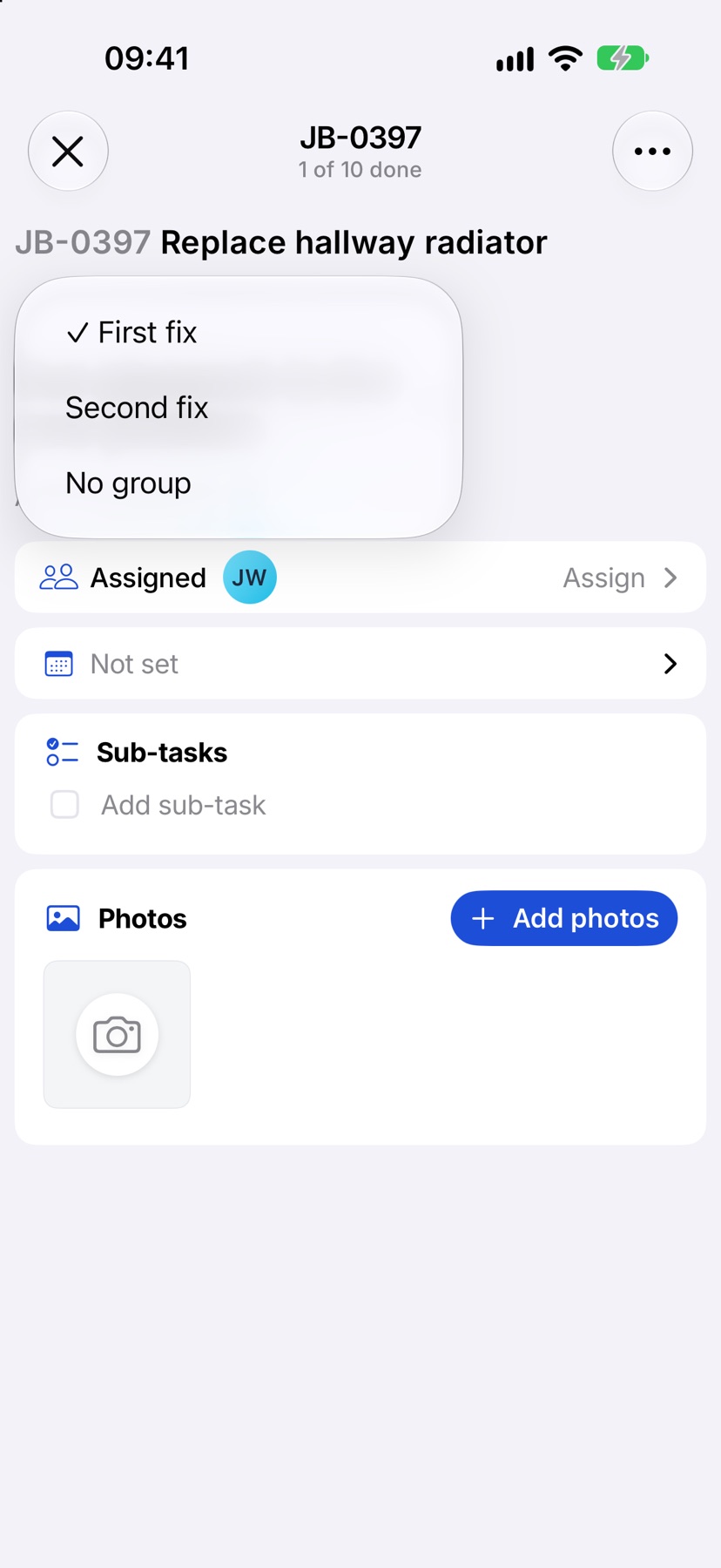 A task opened, with the group menu showing First fix ticked, Second fix and No group