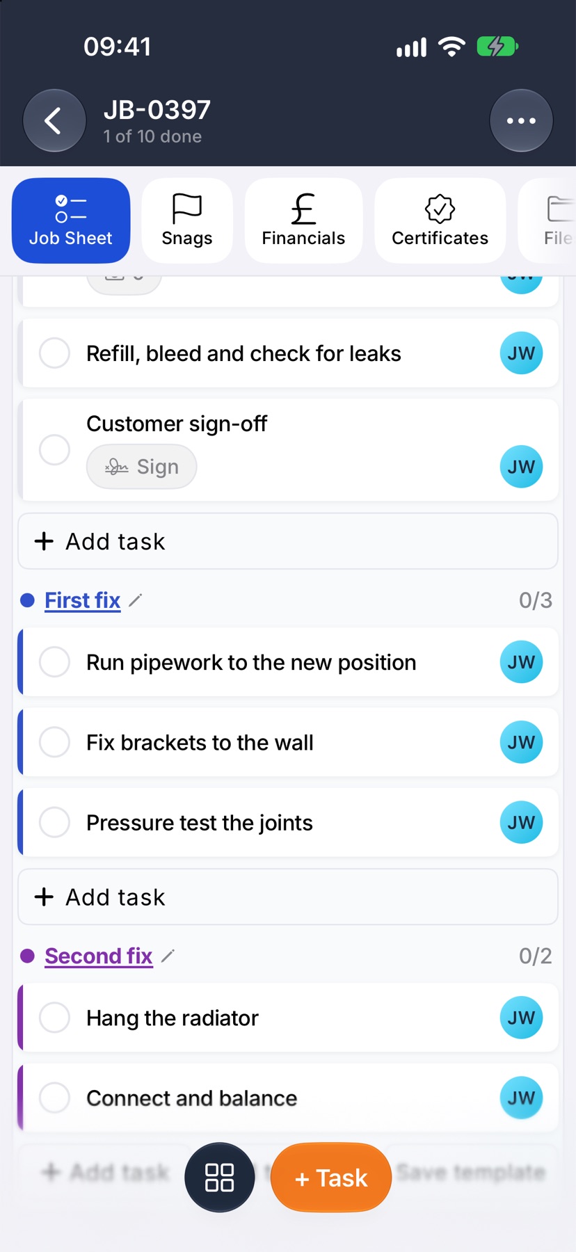 A job sheet with two groups, First fix and Second fix, each with tasks and an Add task row under them